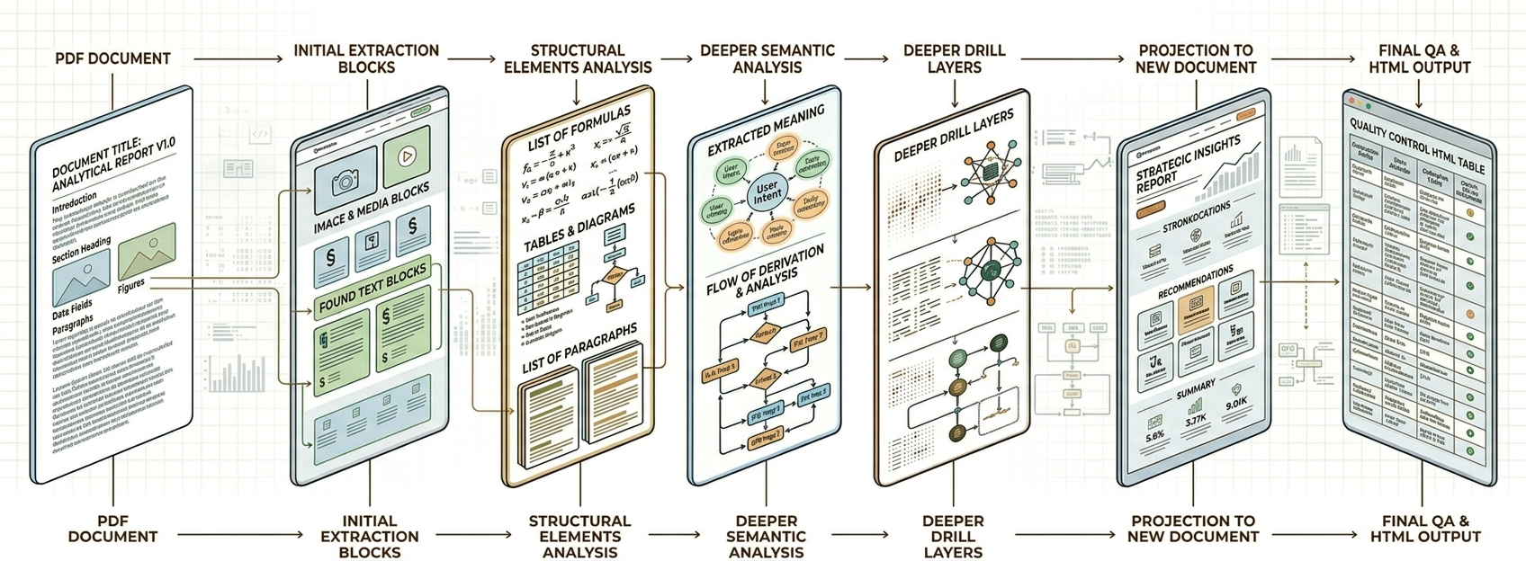 Multi-layer drill-down process: original interface → initial extraction blocks → structural elements analysis → deeper semantic analysis → deeper drill layers → projection to a new document → final QA and HTML output