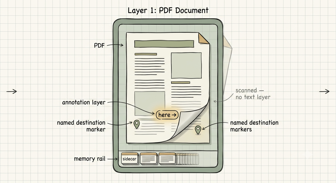 Layer 1 — the PDF document: text, the annotation layer, and named-destination markers a plain text dump never sees.
