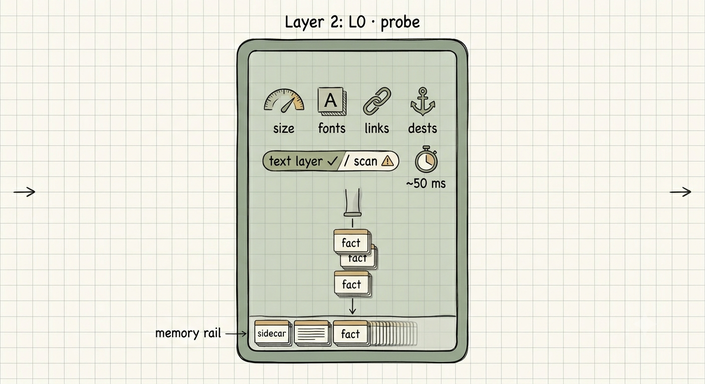 Layer 0 probe: size, fonts, links and named destinations read in about 50 ms, before any extraction.