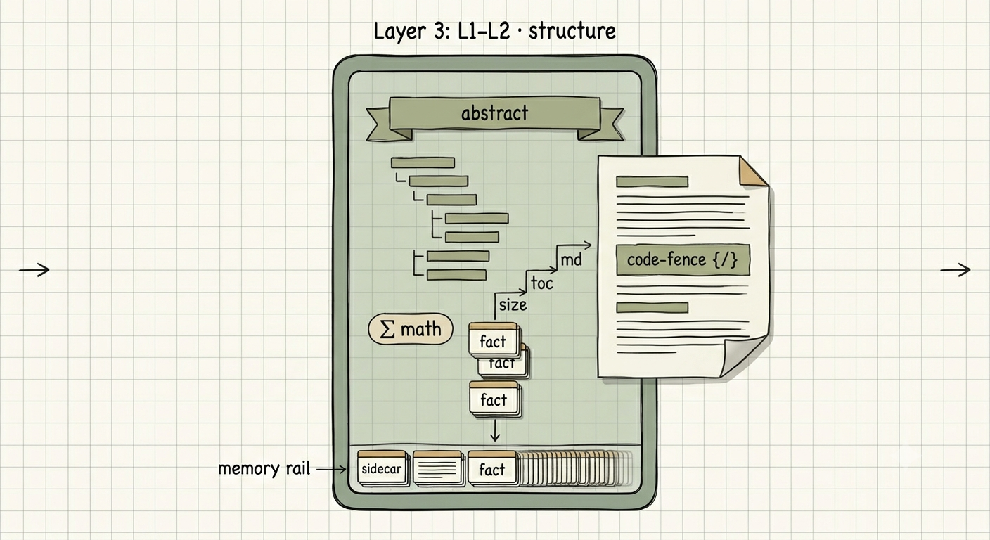 Layers 1-2 structure: abstract, Markdown, facts, math and code-fences lifted from the page.