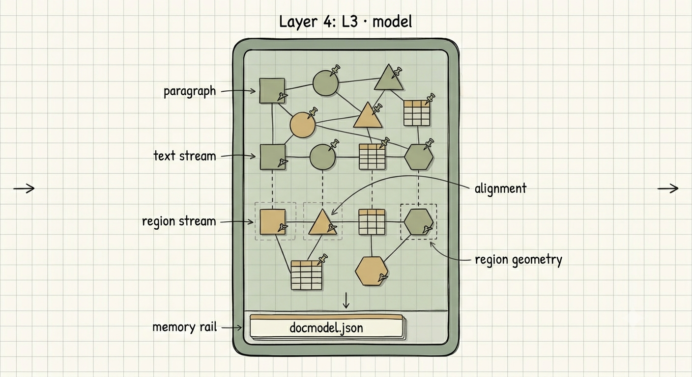Layer 3 model: typed nodes with text and region streams, alignments between them, and region geometry, persisted as docmodel.json.
