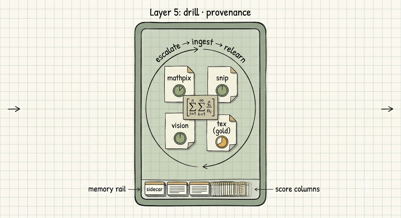 Layer 5 provenance: MathPix, Snip, vision and the author's gold .tex scored side by side as competing readings.