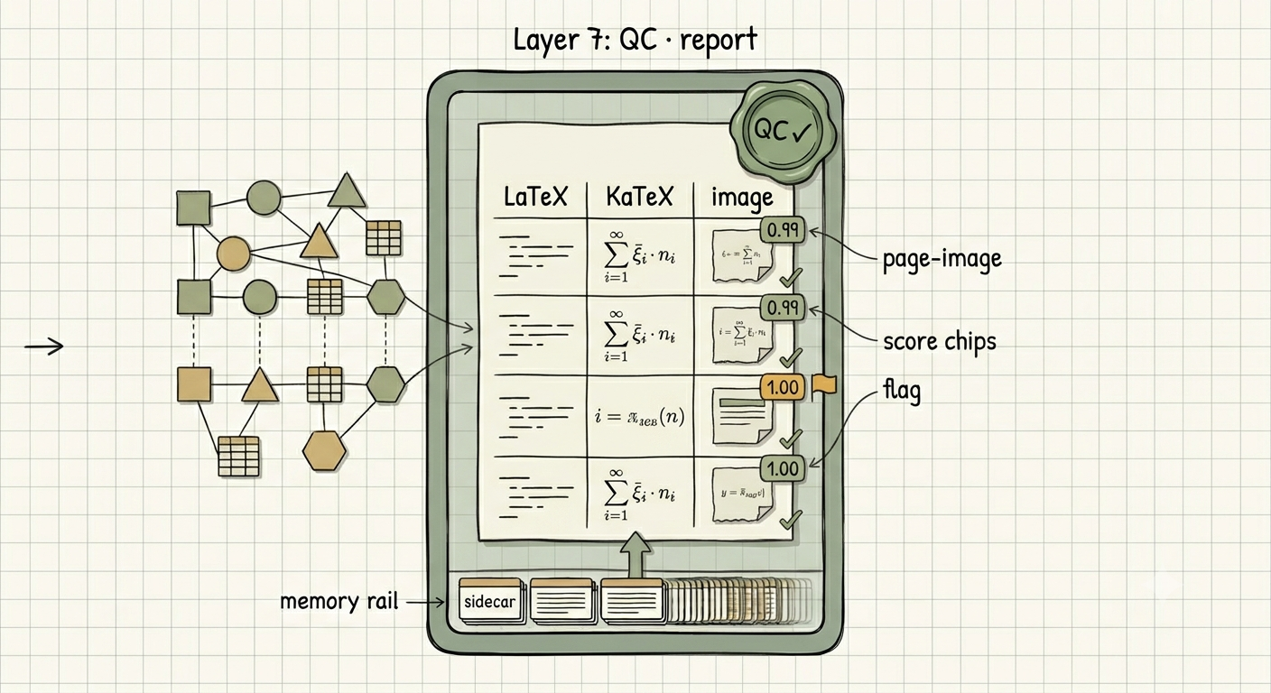 Layer 7 QC report: each row LaTeX vs KaTeX render vs page image, with per-equation score chips and a flag.